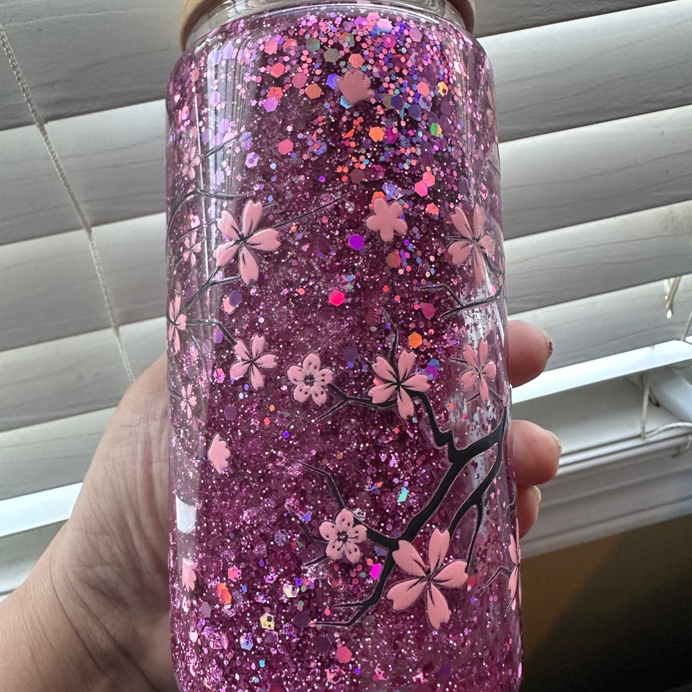 Pink Glitter Floral Tumbler with straw
